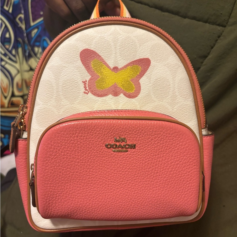 Coach Pink and White Backpack with Butterfly Accent